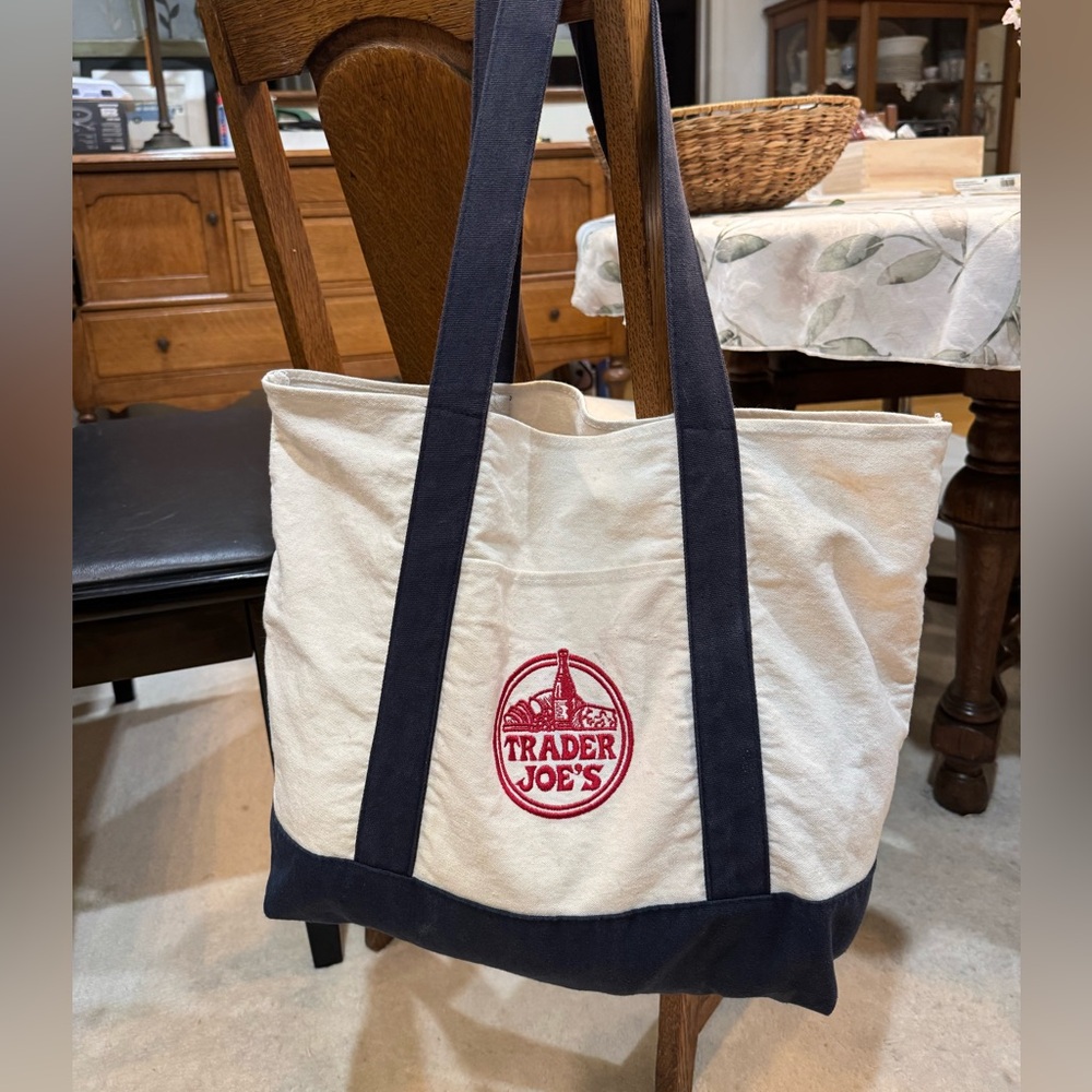 Trader Joe's Cream Canvas Tote with Navy Trim